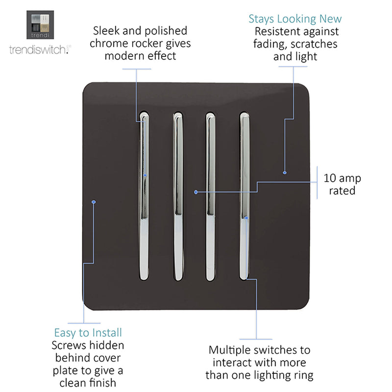 Load image into Gallery viewer, Trendi Switch ART-SS8DB, Artistic Modern 4 Gang 2 Way 10 Amp Rocker Dark Brown Finish, BRITISH MADE, (25mm Back Box Required), 5yrs Warranty - 54107

