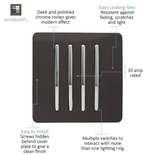 Trendi Switch ART-SS8DB, Artistic Modern 4 Gang 2 Way 10 Amp Rocker Dark Brown Finish, BRITISH MADE, (25mm Back Box Required), 5yrs Warranty - 54107