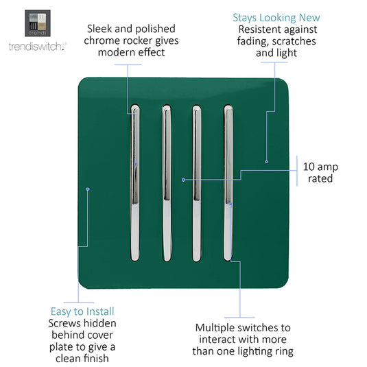 Trendi Switch ART-SS8DG, Artistic Modern 4 Gang 2 Way 10 Amp Rocker Dark Green Finish, BRITISH MADE, (25mm Back Box Required), 5yrs Warranty - 54108