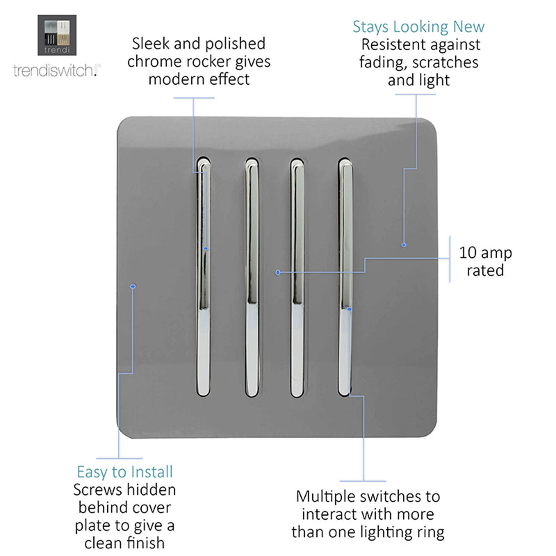 Load image into Gallery viewer, Trendi Switch ART-SS8LG, Artistic Modern 4 Gang 2 Way 10 Amp Rocker Light Grey Finish, BRITISH MADE, (25mm Back Box Required), 5yrs Warranty - 54109
