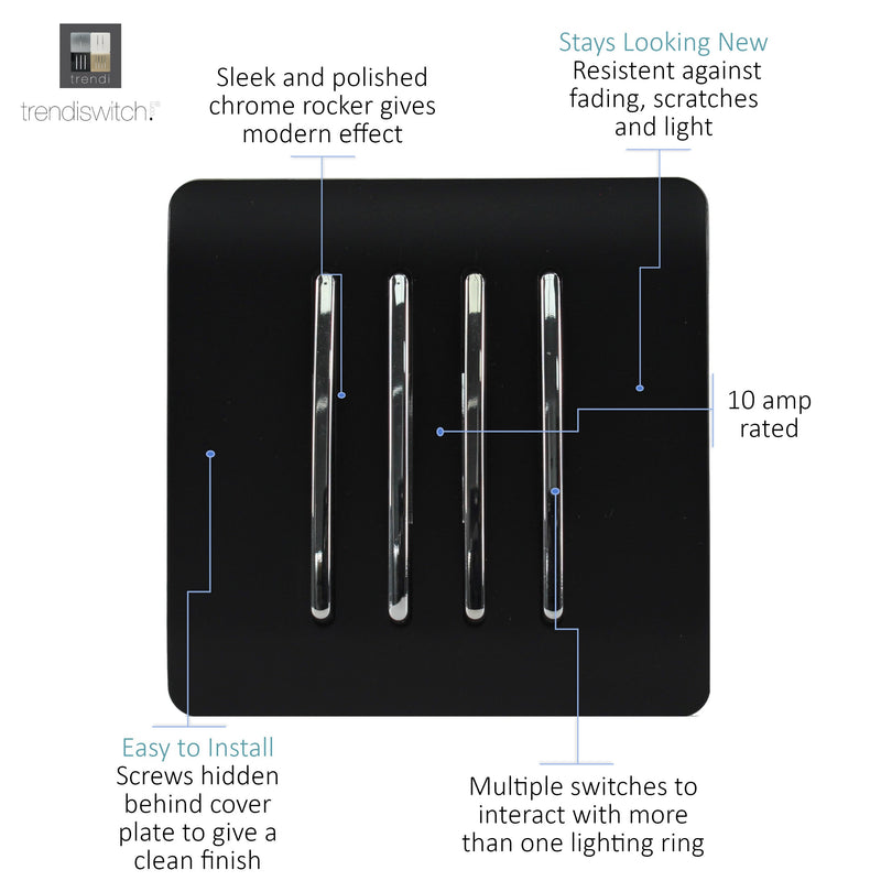 Load image into Gallery viewer, Trendi Switch ART-SS8MBK, Artistic Modern 4 Gang 2 Way 10 Amp Rocker Matt Black Finish, BRITISH MADE, (25mm Back Box Required), 5yrs Warranty - 43909
