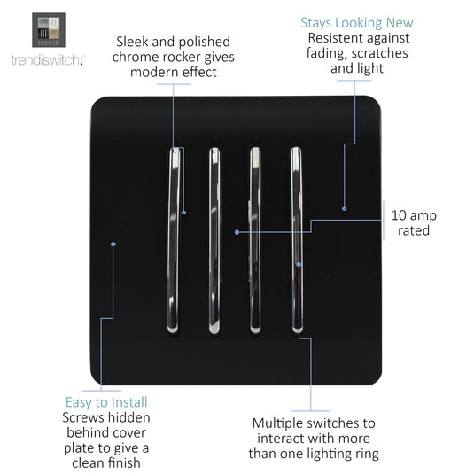Trendi Switch ART-SS8MBK, Artistic Modern 4 Gang 2 Way 10 Amp Rocker Matt Black Finish, BRITISH MADE, (25mm Back Box Required), 5yrs Warranty - 43909