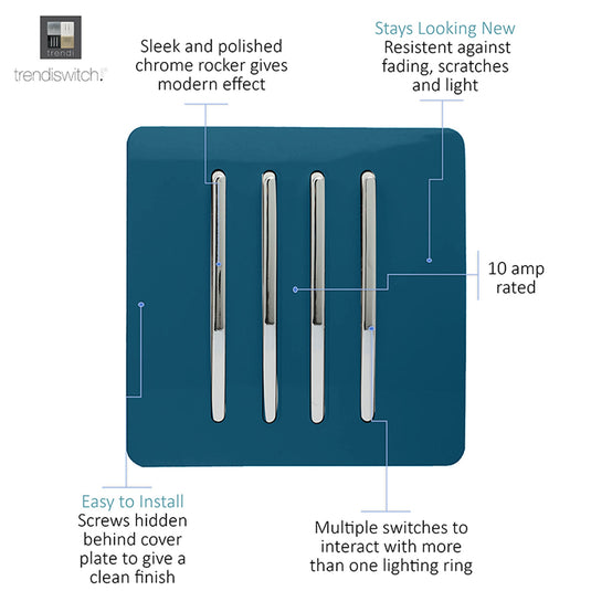 Trendi Switch ART-SS8MD, Artistic Modern 4 Gang 2 Way 10 Amp Rocker Midnight Blue Finish, BRITISH MADE, (25mm Back Box Required), 5yrs Warranty - 54110