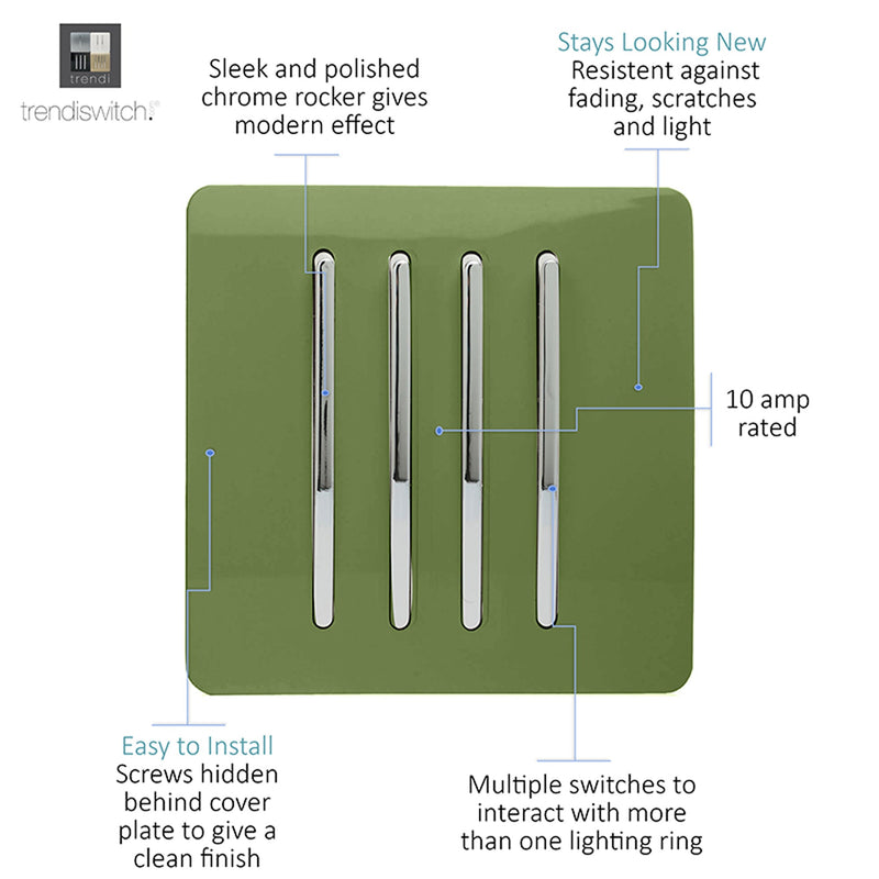 Load image into Gallery viewer, Trendi Switch ART-SS8MG, Artistic Modern 4 Gang 2 Way 10 Amp Rocker Moss Green Finish, BRITISH MADE, (25mm Back Box Required), 5yrs Warranty - 54111
