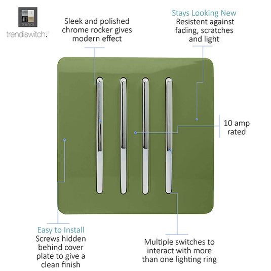 Trendi Switch ART-SS8MG, Artistic Modern 4 Gang 2 Way 10 Amp Rocker Moss Green Finish, BRITISH MADE, (25mm Back Box Required), 5yrs Warranty - 54111