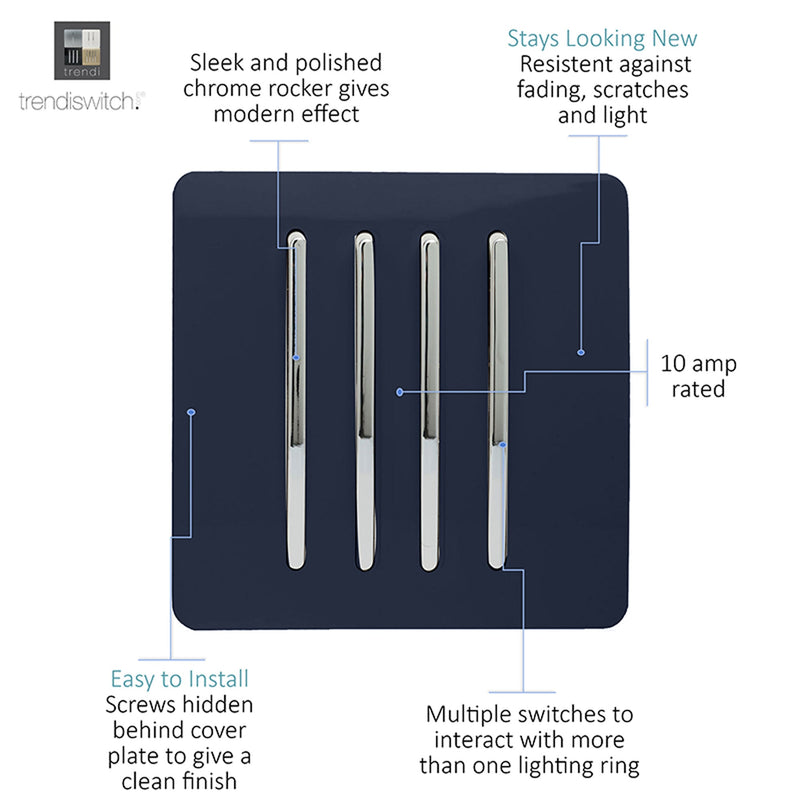Load image into Gallery viewer, Trendi Switch ART-SS8NV, Artistic Modern 4 Gang 2 Way 10 Amp Rocker Navy Blue Finish, BRITISH MADE, (25mm Back Box Required), 5yrs Warranty - 54112
