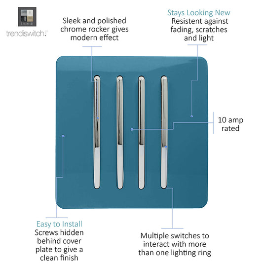Trendi Switch ART-SS8OB, Artistic Modern 4 Gang 2 Way 10 Amp Rocker Ocean Blue Finish, BRITISH MADE, (25mm Back Box Required), 5yrs Warranty - 54113