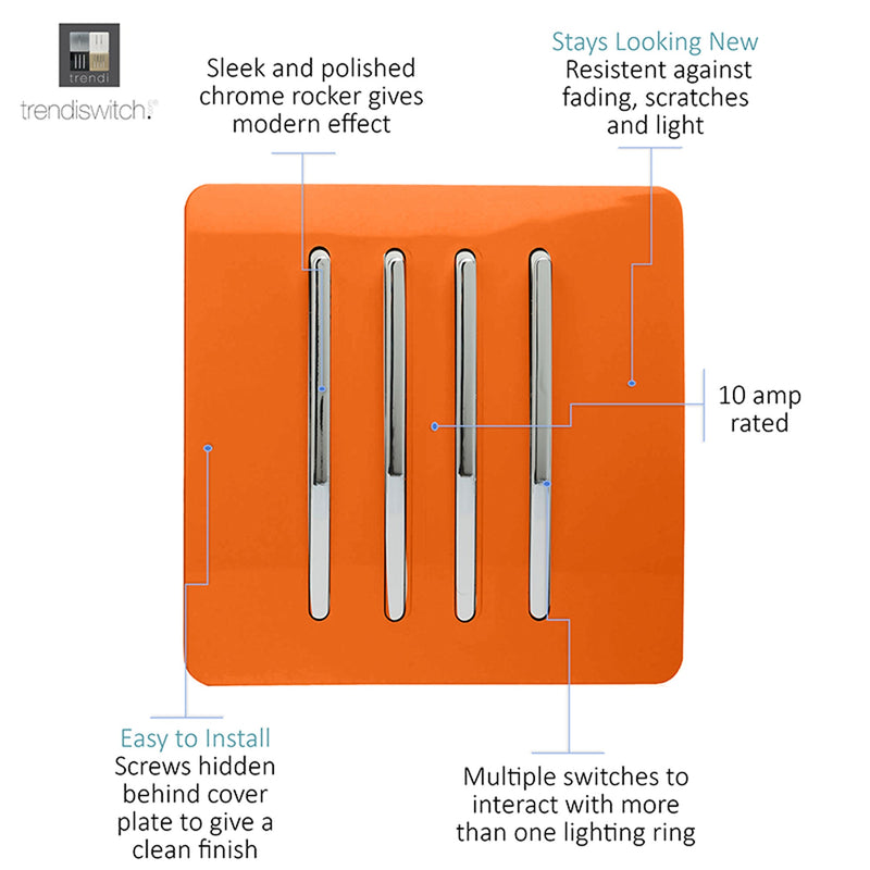Load image into Gallery viewer, Trendi Switch ART-SS8OR, Artistic Modern 4 Gang 2 Way 10 Amp Rocker Orange Finish, BRITISH MADE, (25mm Back Box Required), 5yrs Warranty - 54114
