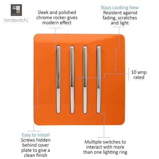 Trendi Switch ART-SS8OR, Artistic Modern 4 Gang 2 Way 10 Amp Rocker Orange Finish, BRITISH MADE, (25mm Back Box Required), 5yrs Warranty - 54114
