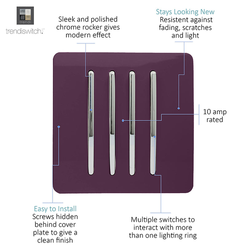 Load image into Gallery viewer, Trendi Switch ART-SS8PL, Artistic Modern 4 Gang 2 Way 10 Amp Rocker Plum Finish, BRITISH MADE, (25mm Back Box Required), 5yrs Warranty - 54116
