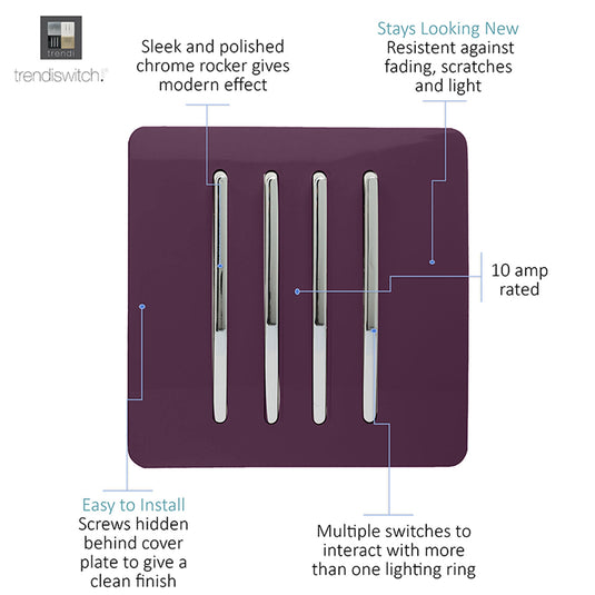 Trendi Switch ART-SS8PL, Artistic Modern 4 Gang 2 Way 10 Amp Rocker Plum Finish, BRITISH MADE, (25mm Back Box Required), 5yrs Warranty - 54116