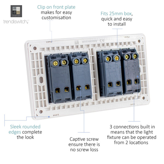 Trendi Switch ART-SS9999SK, Artistic Modern 4 Gang (4xIntermediate) 10 Amp Rocker Sky Finish, BRITISH MADE, (25mm Back Box Required), 5yrs Warranty - 54138