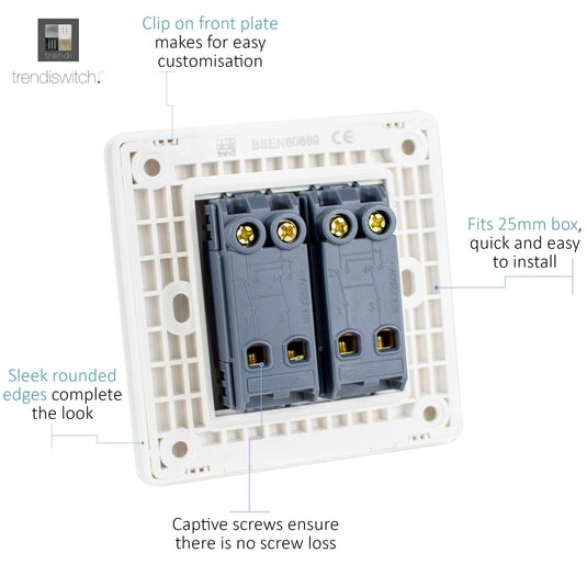 Trendi Switch ART-SS99SK, Artistic Modern 2 Gang Intermediate 10 Amp Rocker Sky Finish, BRITISH MADE, (25mm Back Box Required), 5yrs Warranty - 54158