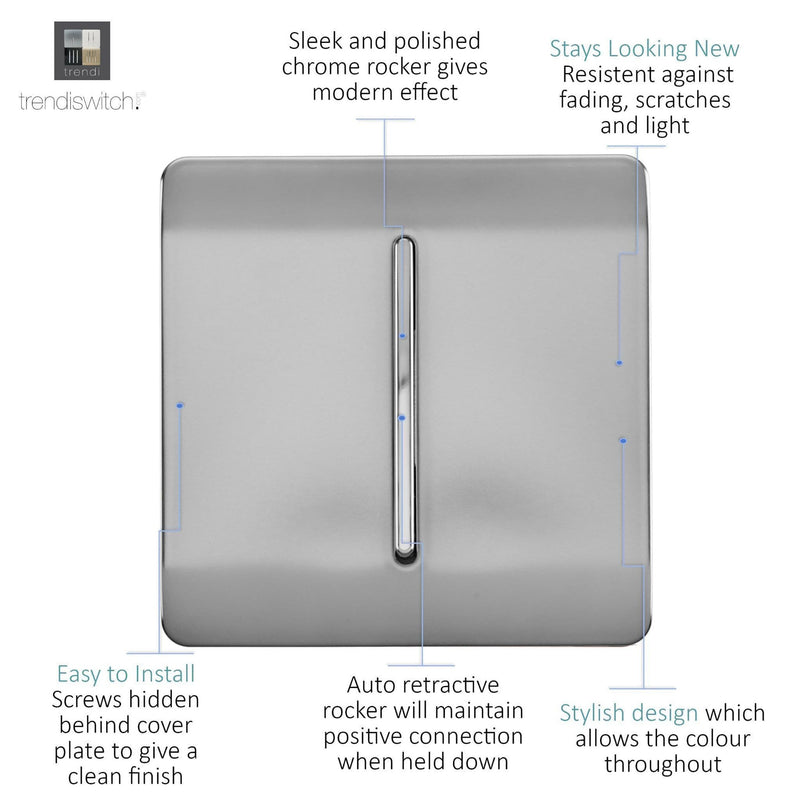Load image into Gallery viewer, Trendi Switch ART-SSR1BS, Artistic Modern 1 Gang Retractive Home Auto.Switch Brushed Steel Finish, BRITISH MADE, (25mm Back Box Required), 5yrs Warranty - 54178
