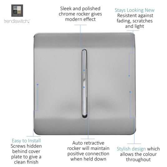 Trendi Switch ART-SSR1BS, Artistic Modern 1 Gang Retractive Home Auto.Switch Brushed Steel Finish, BRITISH MADE, (25mm Back Box Required), 5yrs Warranty - 54178