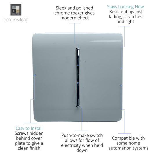 Trendi Switch ART-SSR1CG, Artistic Modern 1 Gang Retractive Home Auto.Switch Cool Grey Finish, BRITISH MADE, (25mm Back Box Required), 5yrs Warranty - 54180