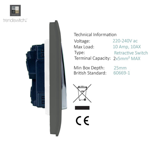 Trendi Switch ART-DBCH, Artistic Modern 1 Gang Doorbell Charcoal Finish, BRITISH MADE, (25mm Back Box Required), 5yrs Warranty - 53708