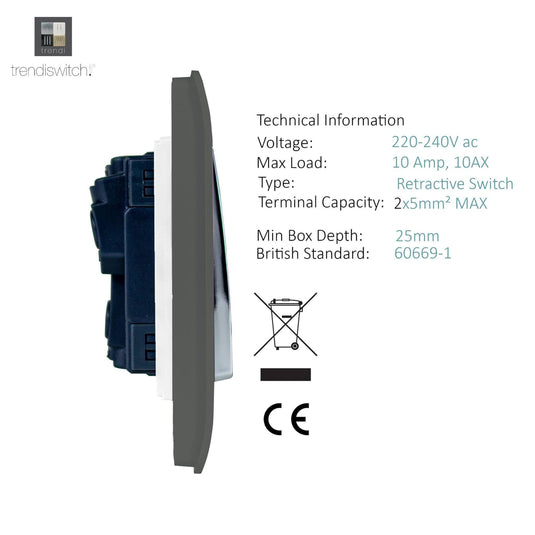 Trendi Switch ART-SSR1CH, Artistic Modern 1 Gang Retractive Home Auto.Switch Charcoal Finish, BRITISH MADE, (25mm Back Box Required), 5yrs Warranty - 54181