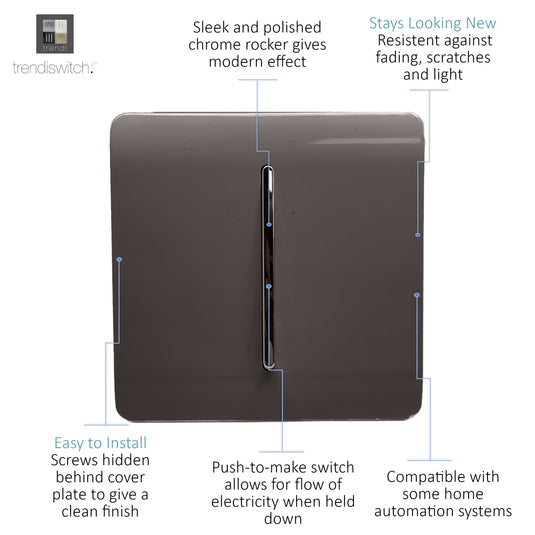 Trendi Switch ART-SSR1DB, Artistic Modern 1 Gang Retractive Home Auto.Switch Dark Brown Finish, BRITISH MADE, (25mm Back Box Required), 5yrs Warranty - 54183