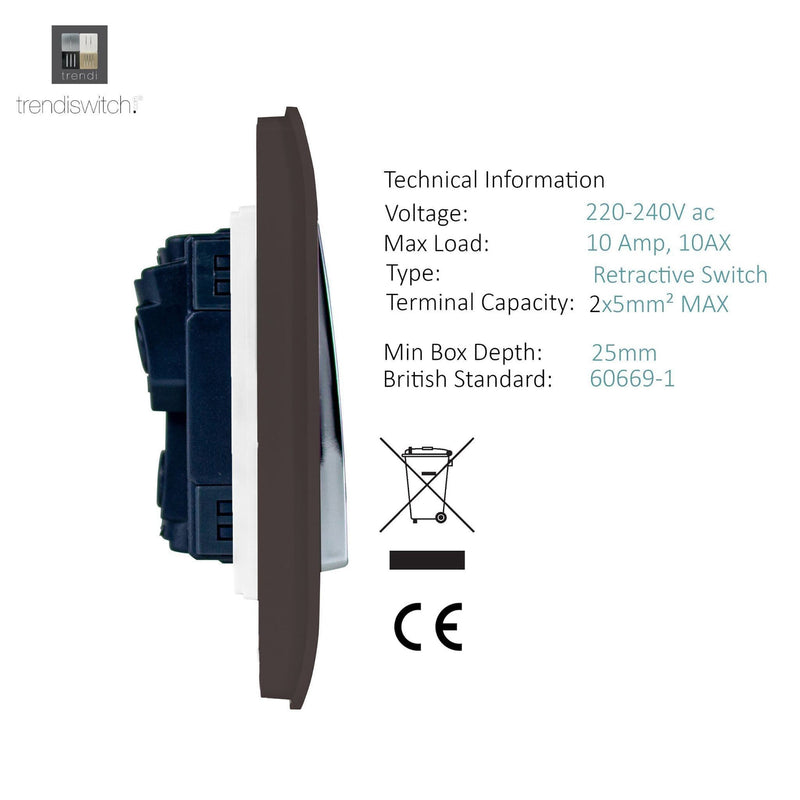 Load image into Gallery viewer, Trendi Switch ART-SSR1DB, Artistic Modern 1 Gang Retractive Home Auto.Switch Dark Brown Finish, BRITISH MADE, (25mm Back Box Required), 5yrs Warranty - 54183

