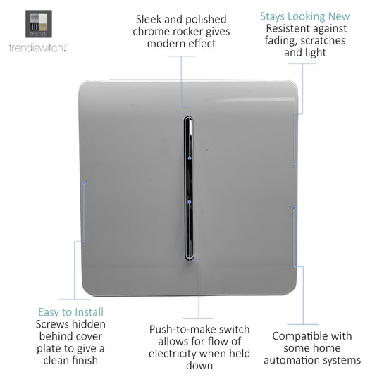 Trendi Switch ART-SSR1LG, Artistic Modern 1 Gang Retractive Home Auto.Switch Light Grey Finish, BRITISH MADE, (25mm Back Box Required), 5yrs Warranty - 54185