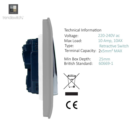 Trendi Switch ART-SSR1LG, Artistic Modern 1 Gang Retractive Home Auto.Switch Light Grey Finish, BRITISH MADE, (25mm Back Box Required), 5yrs Warranty - 54185