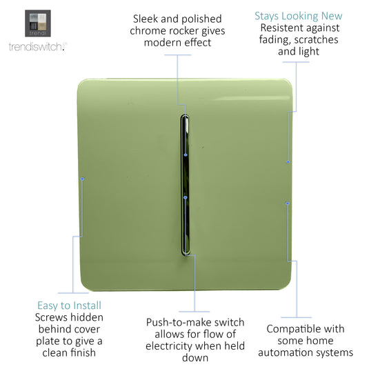 Trendi Switch ART-SSR1MG, Artistic Modern 1 Gang Retractive Home Auto.Switch Moss Green Finish, BRITISH MADE, (25mm Back Box Required), 5yrs Warranty - 54187