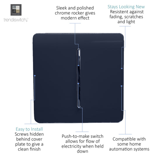 Trendi Switch ART-SSR1NV, Artistic Modern 1 Gang Retractive Home Auto.Switch Navy Blue Finish, BRITISH MADE, (25mm Back Box Required), 5yrs Warranty - 54188