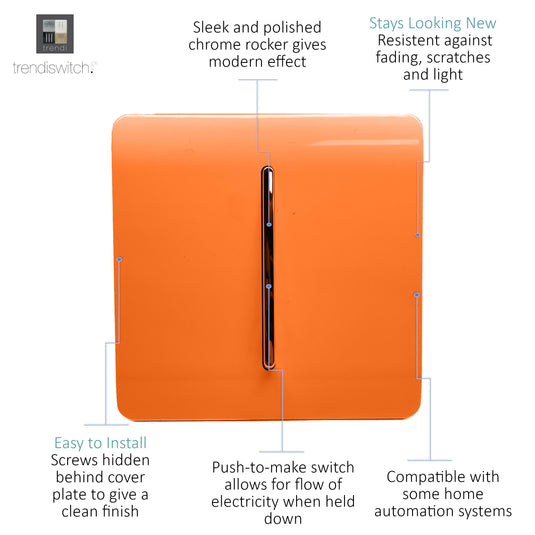 Trendi Switch ART-SSR1OR, Artistic Modern 1 Gang Retractive Home Auto.Switch Orange Finish, BRITISH MADE, (25mm Back Box Required), 5yrs Warranty - 54190