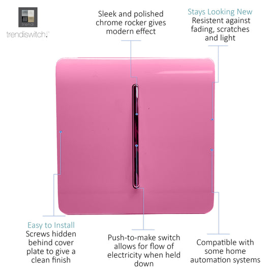 Trendi Switch ART-SSR1PK, Artistic Modern 1 Gang Retractive Home Auto.Switch Pink Finish, BRITISH MADE, (25mm Back Box Required), 5yrs Warranty - 54191