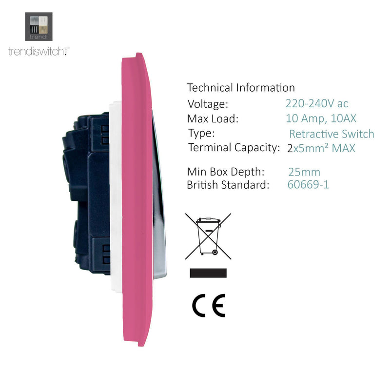 Load image into Gallery viewer, Trendi Switch ART-SSR1PK, Artistic Modern 1 Gang Retractive Home Auto.Switch Pink Finish, BRITISH MADE, (25mm Back Box Required), 5yrs Warranty - 54191
