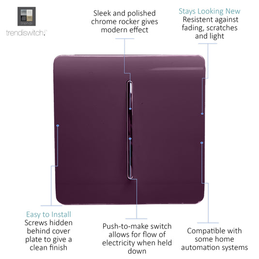 Trendi Switch ART-SSR1PL, Artistic Modern 1 Gang Retractive Home Auto.Switch Plum Finish, BRITISH MADE, (25mm Back Box Required), 5yrs Warranty - 54192