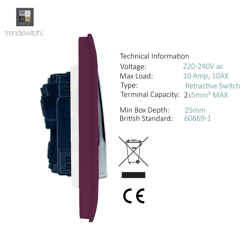 Load image into Gallery viewer, Trendi Switch ART-SSR1PL, Artistic Modern 1 Gang Retractive Home Auto.Switch Plum Finish, BRITISH MADE, (25mm Back Box Required), 5yrs Warranty - 54192
