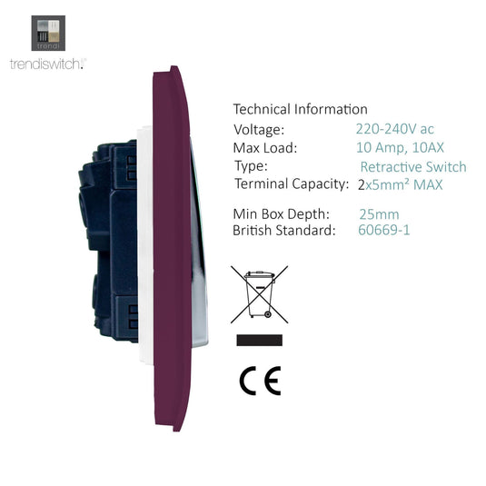 Trendi Switch ART-SSR1PL, Artistic Modern 1 Gang Retractive Home Auto.Switch Plum Finish, BRITISH MADE, (25mm Back Box Required), 5yrs Warranty - 54192