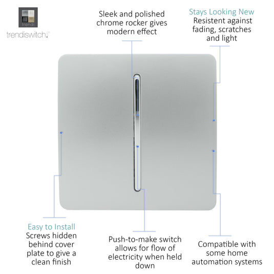 Trendi Switch ART-DBSI, Artistic Modern 1 Gang Doorbell Silver Finish, BRITISH MADE, (25mm Back Box Required), 5yrs Warranty - 53722