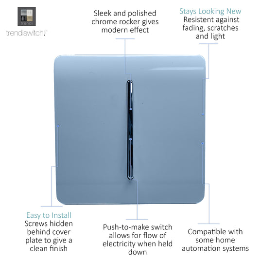 Trendi Switch ART-SSR1SK, Artistic Modern 1 Gang Retractive Home Auto.Switch Sky Finish, BRITISH MADE, (25mm Back Box Required), 5yrs Warranty - 54194