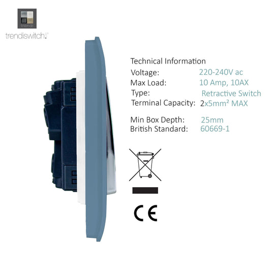 Trendi Switch ART-SSR1SK, Artistic Modern 1 Gang Retractive Home Auto.Switch Sky Finish, BRITISH MADE, (25mm Back Box Required), 5yrs Warranty - 54194