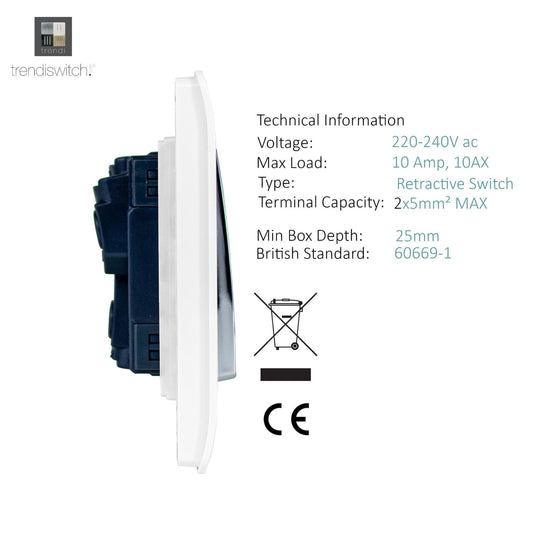 Trendi Switch ART-SSR1WH, Artistic Modern 1 Gang Retractive Home Auto.Switch Gloss White Finish, BRITISH MADE, (25mm Back Box Required), 5yrs Warranty - 43925