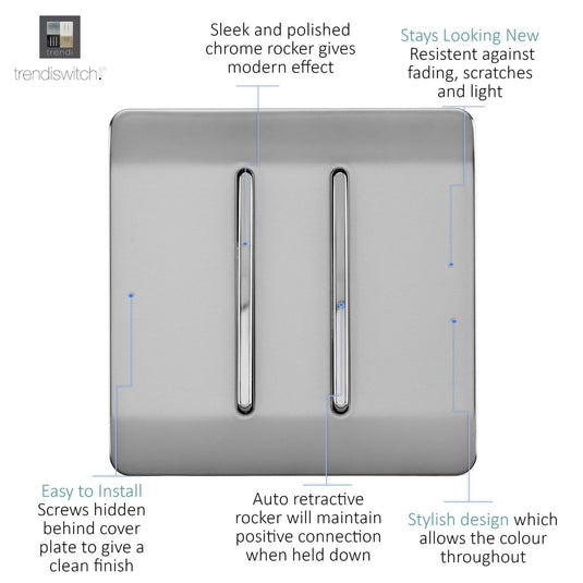 Trendi Switch ART-SSR2BS, Artistic Modern 2 Gang Retractive Home Auto.Switch Brushed Steel Finish, BRITISH MADE, (25mm Back Box Required), 5yrs Warranty - 54196