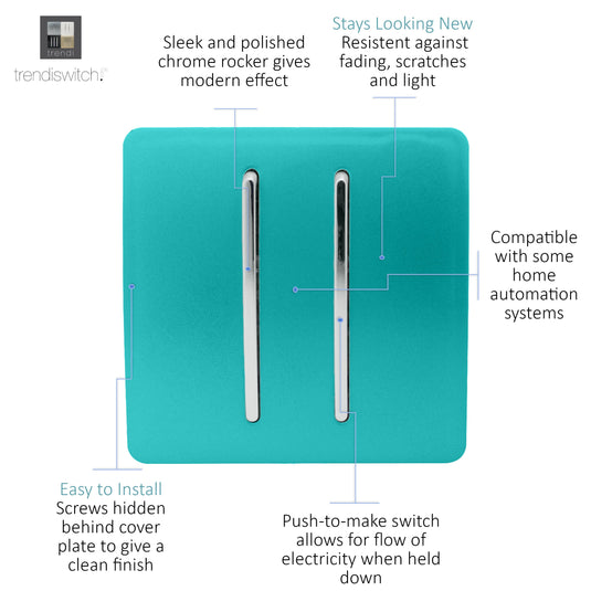 Trendi Switch ART-SSR2BT, Artistic Modern 2 Gang Retractive Home Auto.Switch Bright Teal Finish, BRITISH MADE, (25mm Back Box Required), 5yrs Warranty - 54197