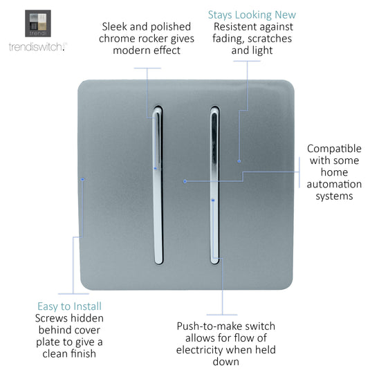 Trendi Switch ART-SSR2CG, Artistic Modern 2 Gang Retractive Home Auto.Switch Cool Grey Finish, BRITISH MADE, (25mm Back Box Required), 5yrs Warranty - 54198