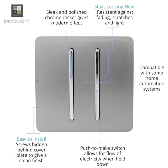 Trendi Switch ART-2DBLG, Artistic Modern 2 Gang Doorbell Light Grey Finish, BRITISH MADE, (25mm Back Box Required), 5yrs Warranty - 53578