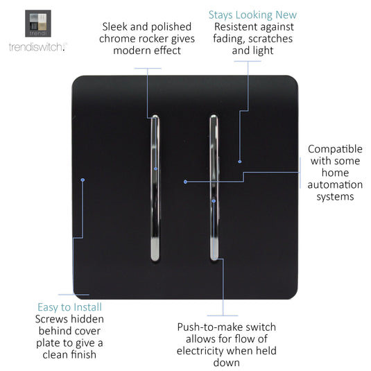 Trendi Switch ART-SSR2MBK, Artistic Modern 2 Gang Retractive Home Auto.Switch Matt Black Finish, BRITISH MADE, (25mm Back Box Required), 5yrs Warranty - 43928