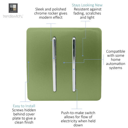 Trendi Switch ART-SSR2MG, Artistic Modern 2 Gang Retractive Home Auto.Switch Moss Green Finish, BRITISH MADE, (25mm Back Box Required), 5yrs Warranty - 54205