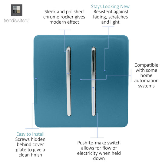 Trendi Switch ART-SSR2OB, Artistic Modern 2 Gang Retractive Home Auto.Switch Ocean Blue Finish, BRITISH MADE, (25mm Back Box Required), 5yrs Warranty - 54207