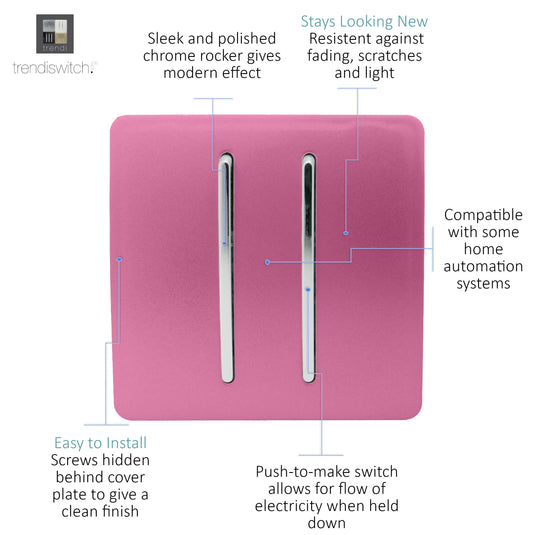 Trendi Switch ART-SSR2PK, Artistic Modern 2 Gang Retractive Home Auto.Switch Pink Finish, BRITISH MADE, (25mm Back Box Required), 5yrs Warranty - 54209
