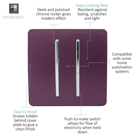 Trendi Switch ART-SSR2PL, Artistic Modern 2 Gang Retractive Home Auto.Switch Plum Finish, BRITISH MADE, (25mm Back Box Required), 5yrs Warranty - 54210