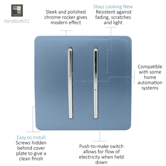 Trendi Switch ART-SSR2SK, Artistic Modern 2 Gang Retractive Home Auto.Switch Sky Finish, BRITISH MADE, (25mm Back Box Required), 5yrs Warranty - 54212