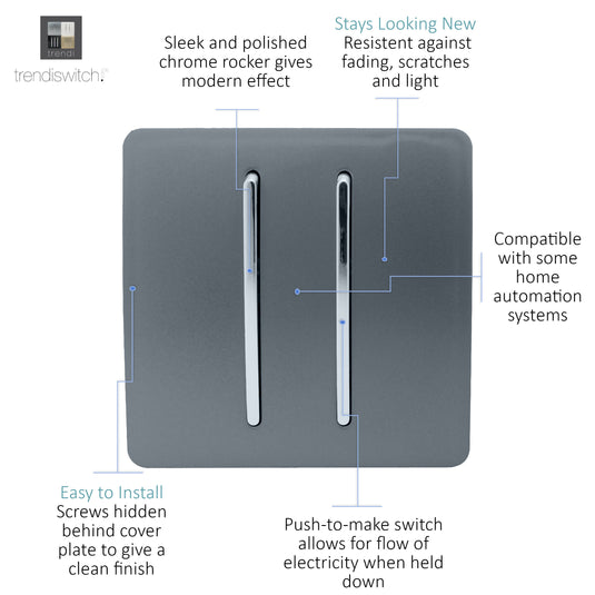 Trendi Switch ART-SSR2WG, Artistic Modern 2 Gang Retractive Home Auto.Switch Warm Grey Finish, BRITISH MADE, (25mm Back Box Required), 5yrs Warranty - 54213