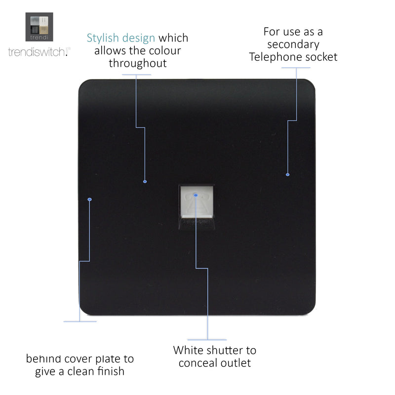 Load image into Gallery viewer, Trendi Switch ART-TLPMBK, Artistic Modern 1 Gang RJ11 Telephone Matt Black Finish, BRITISH MADE, (35mm Back Box Required), 5yrs Warranty - 43943
